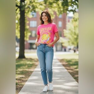 NIRVANA teen  Pink and Yellow Graphic Tee Size M.